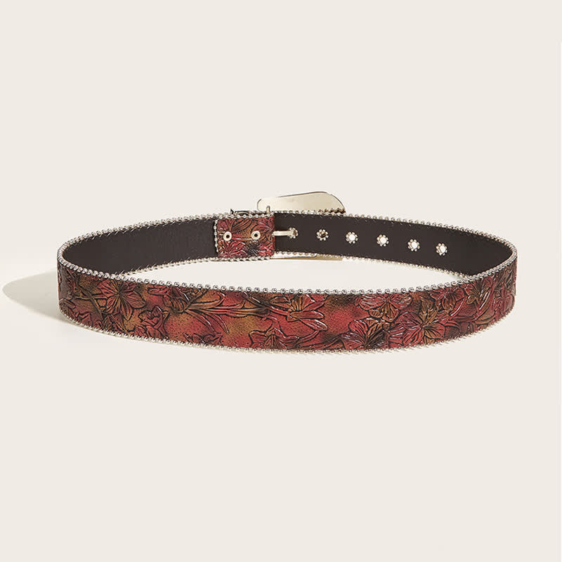 Women's Brown Floral Embossed Rhinestone Leather Belt - image 3