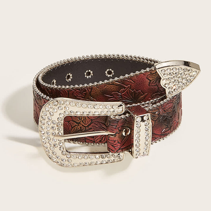 Women's Brown Floral Embossed Rhinestone Leather Belt - Brown - 32 - image 0