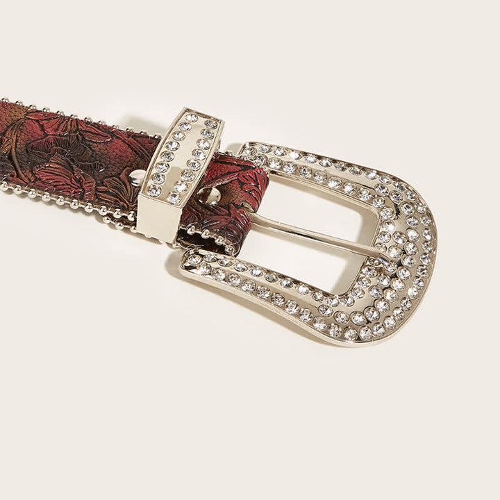 Women's Brown Floral Embossed Rhinestone Leather Belt - image 4