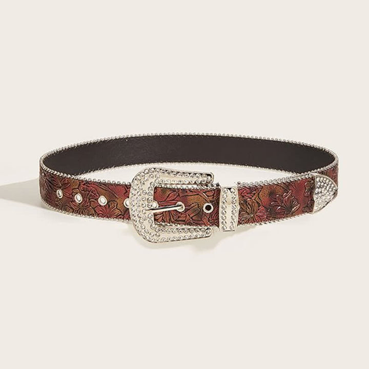 Women's Brown Floral Embossed Rhinestone Leather Belt - image 2