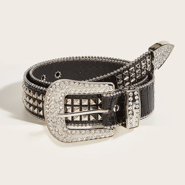 Women's Bead Chain Rhinestone Rivet Leather Belt - Black - 32 - image 0