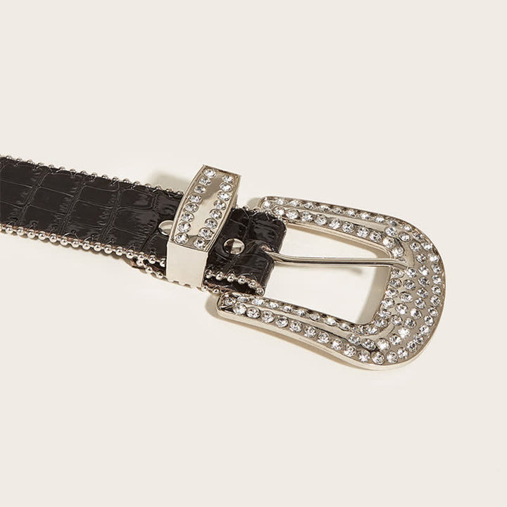Women's Bead Chain Rhinestone Rivet Leather Belt - image 4