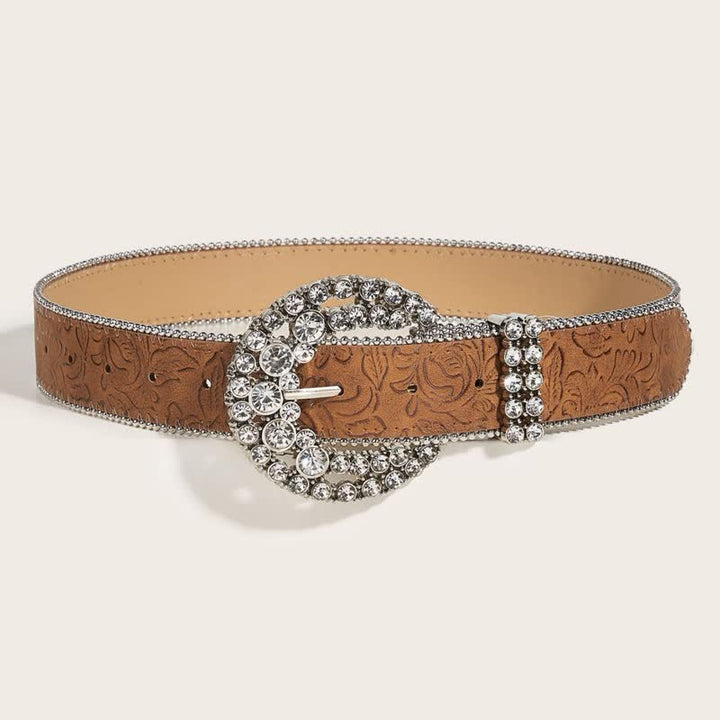 Women's Round Rhinestone Buckle Bead Edge Leather Belt - image 2