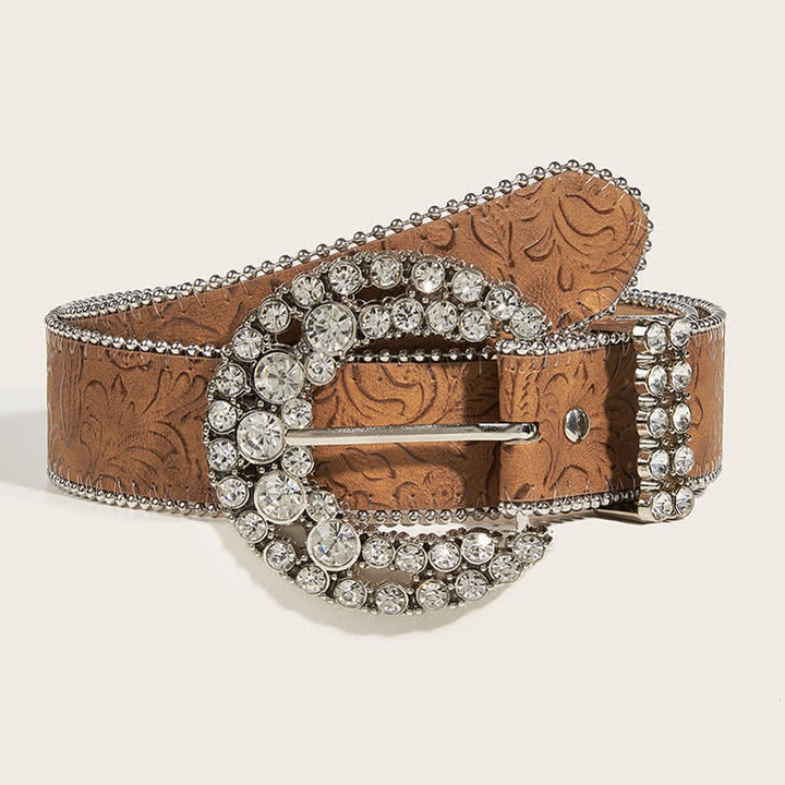 Women's Round Rhinestone Buckle Bead Edge Leather Belt - Camel - 32 - image 0