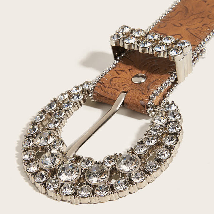 Women's Round Rhinestone Buckle Bead Edge Leather Belt - image 4