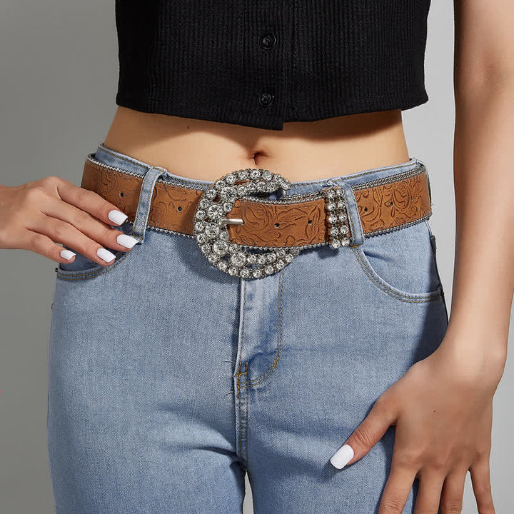 Women's Round Rhinestone Buckle Bead Edge Leather Belt - image 1