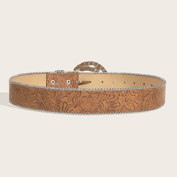 Women's Round Rhinestone Buckle Bead Edge Leather Belt - image 3