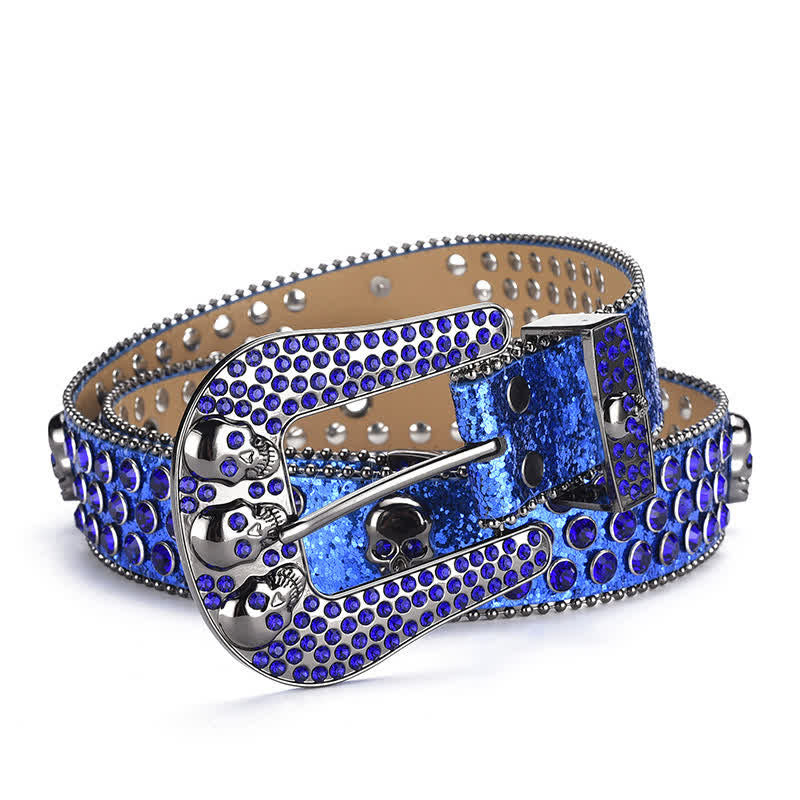 Women's Punk Skull Buckle Bead Edge Leather Belt - Dark Blue - 40 - image 16