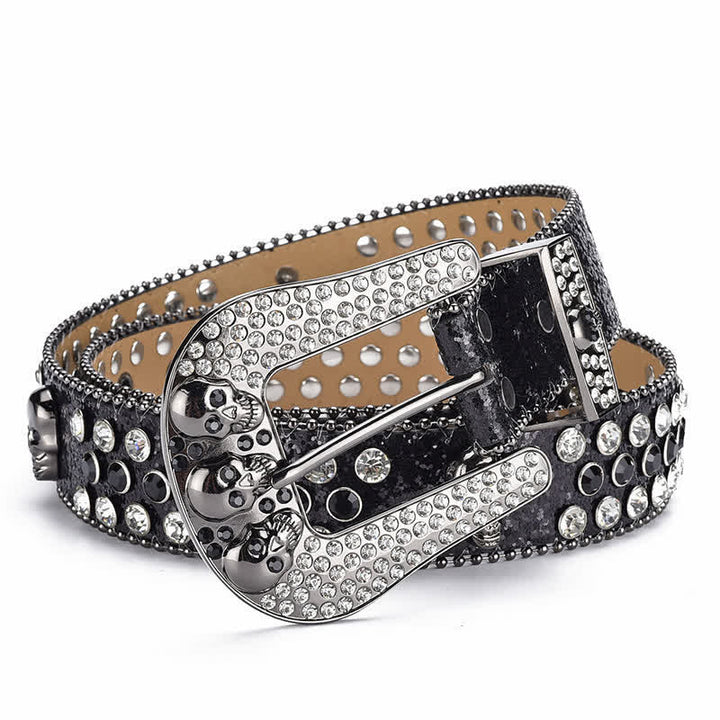 Women's Punk Skull Buckle Bead Edge Leather Belt - Black - 40 - image 0