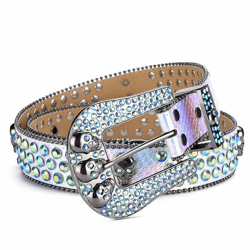 Women's Punk Skull Buckle Bead Edge Leather Belt - Sky Blue - 40 - image 4