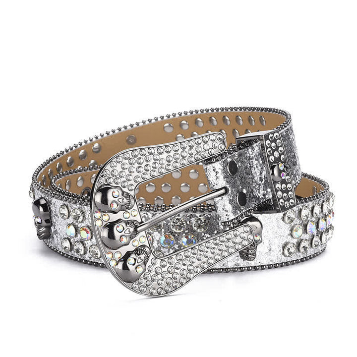 Women's Punk Skull Buckle Bead Edge Leather Belt - Silver - 40 - image 20