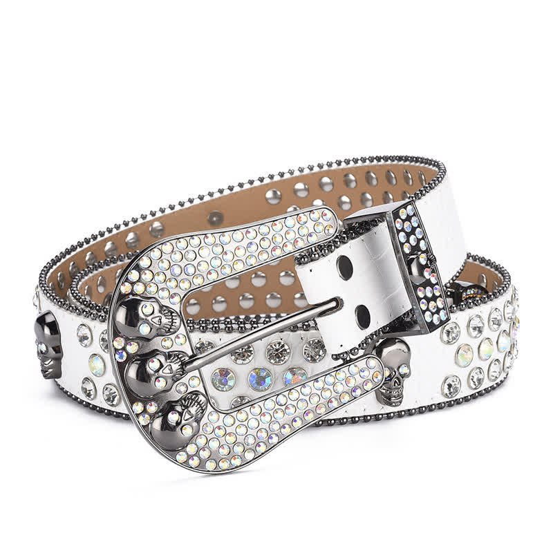 Women's Punk Skull Buckle Bead Edge Leather Belt - White - 40 - image 8