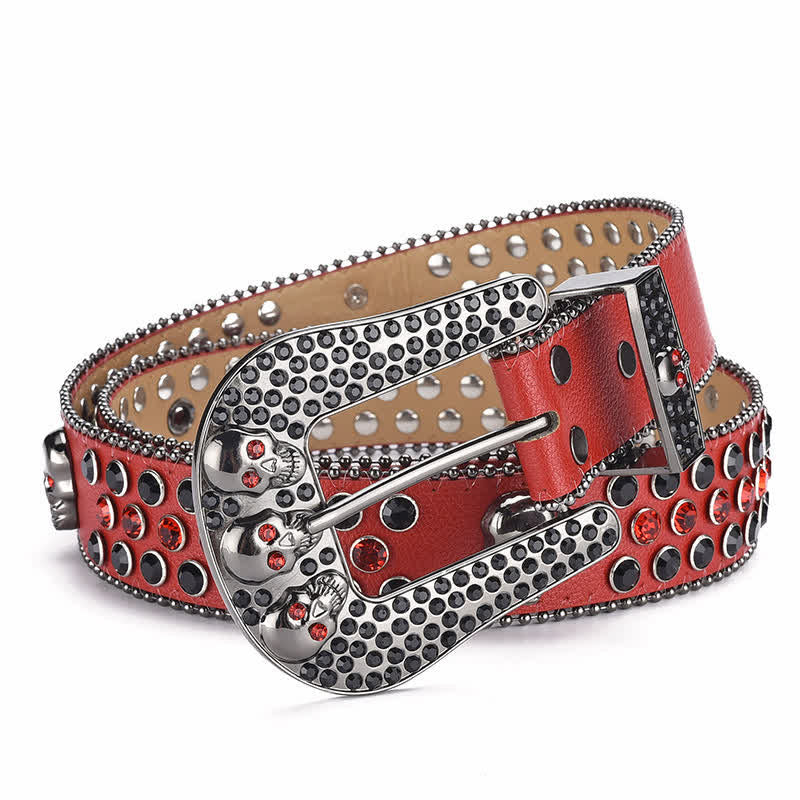 Women's Punk Skull Buckle Bead Edge Leather Belt - Red - 40 - image 12