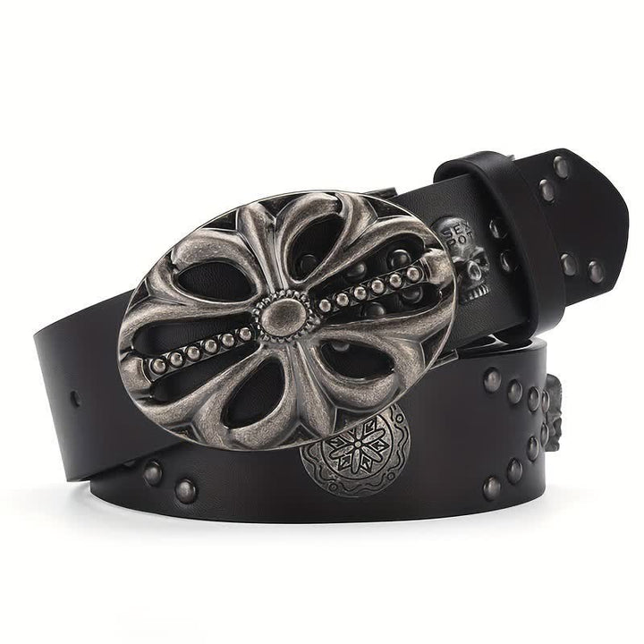 Bohemian Style Vintage Skeleton Riveted Leather Belt - Black - 42 - image 0