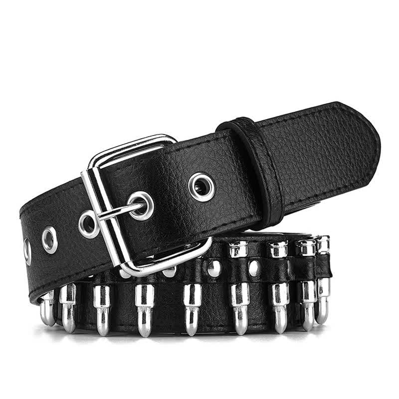 Black Punk Rock Bullets Rivet Studded Leather Belt - Black - 38 - image 0