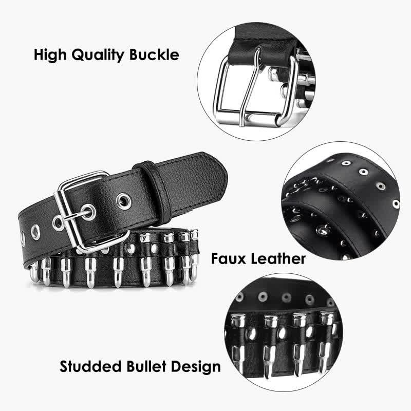 Black Punk Rock Bullets Rivet Studded Leather Belt - image 3