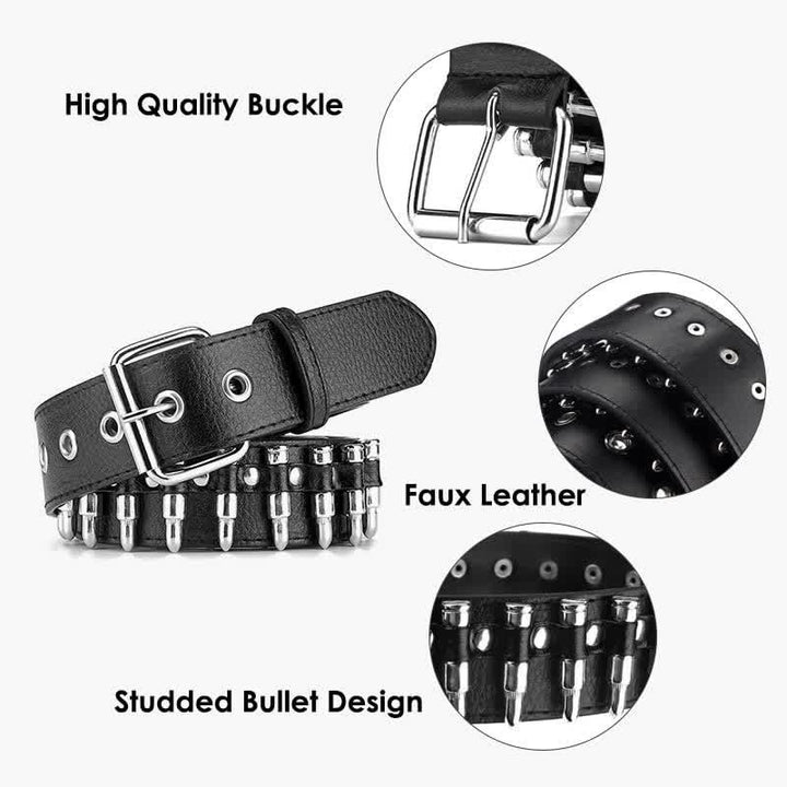 Black Punk Rock Bullets Rivet Studded Leather Belt - image 3