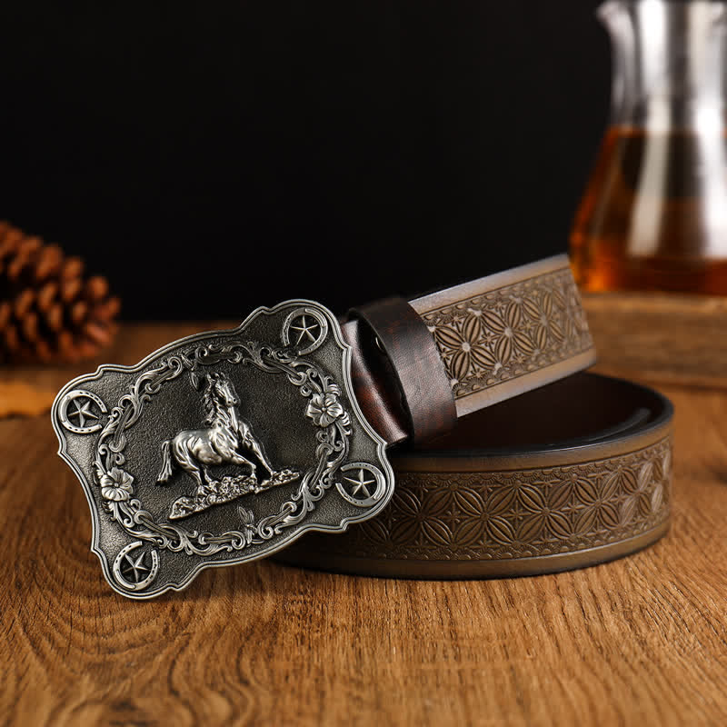 Men's Sturdy Steed Embossed Weave Pattern Leather Belt - Antique Silver - 42 - image 0