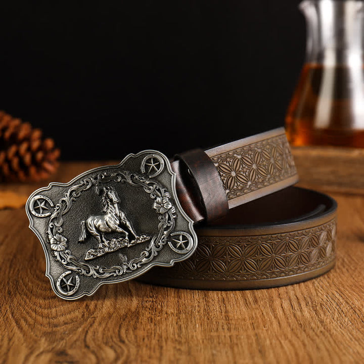 Men's Sturdy Steed Embossed Weave Pattern Leather Belt - Antique Silver - 42 - image 0