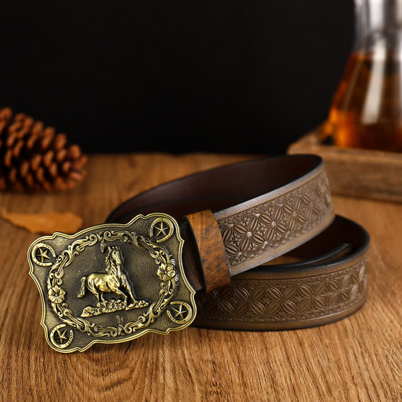 Men's Sturdy Steed Embossed Weave Pattern Leather Belt - Antique Bronze - 42 - image 2