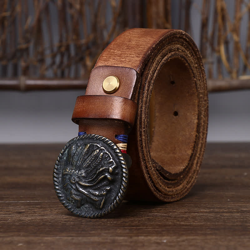 Men's Vintage Distressed Indian Head Leather Belt - Brown - 46 - image 2