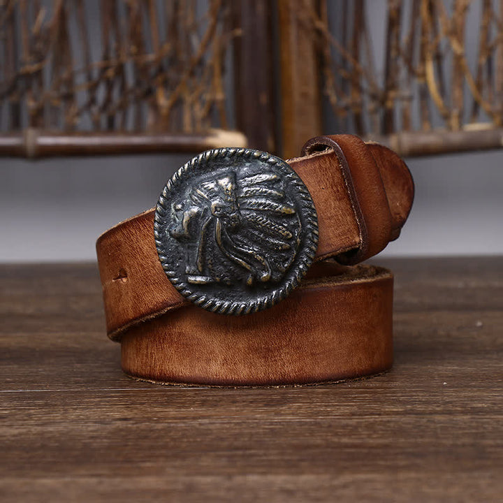 Men's Vintage Distressed Indian Head Leather Belt - image 4