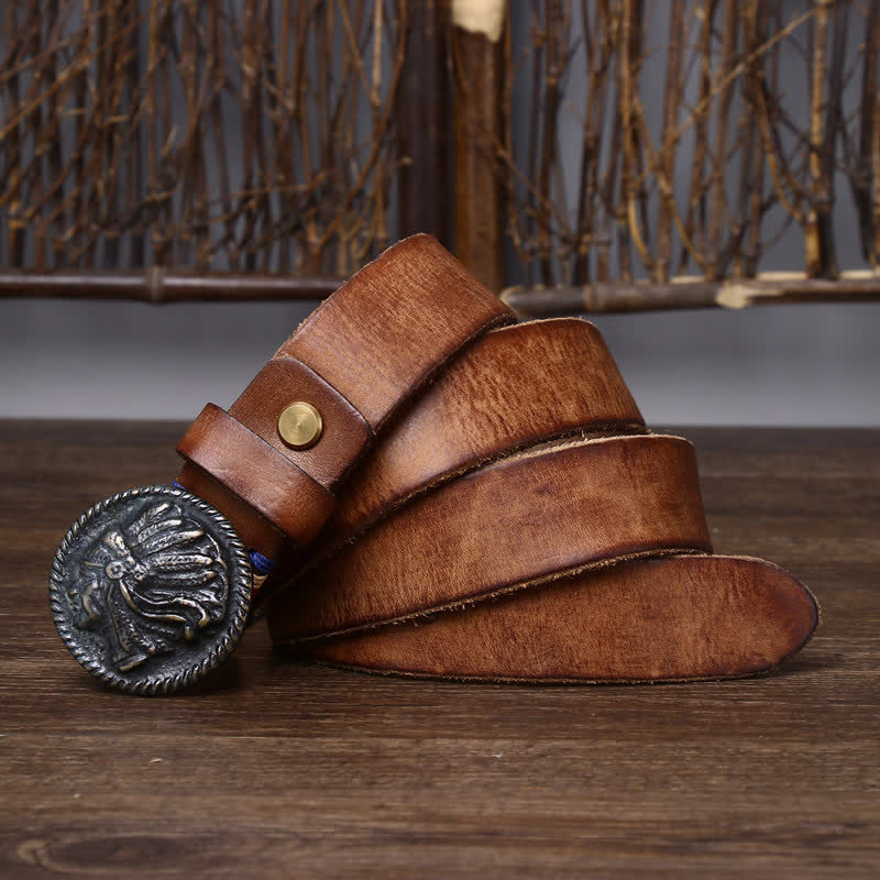 Men's Vintage Distressed Indian Head Leather Belt - image 3
