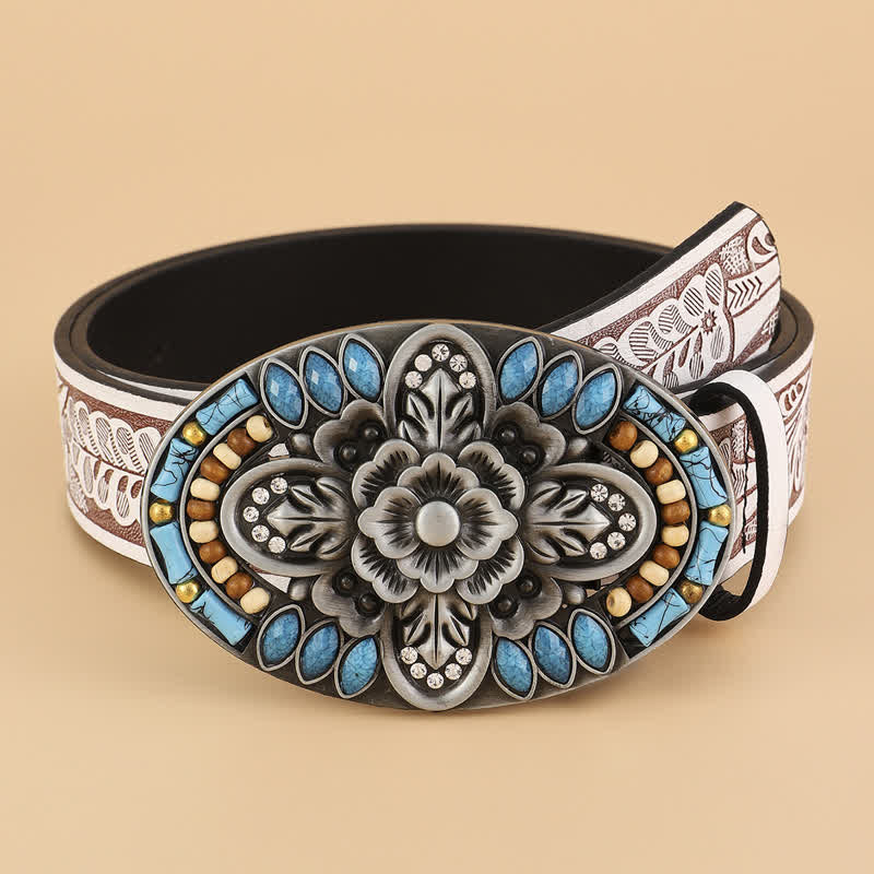 Women's Turquoise Stone Boho Floral Leather Belt - Flower - 34 - image 0