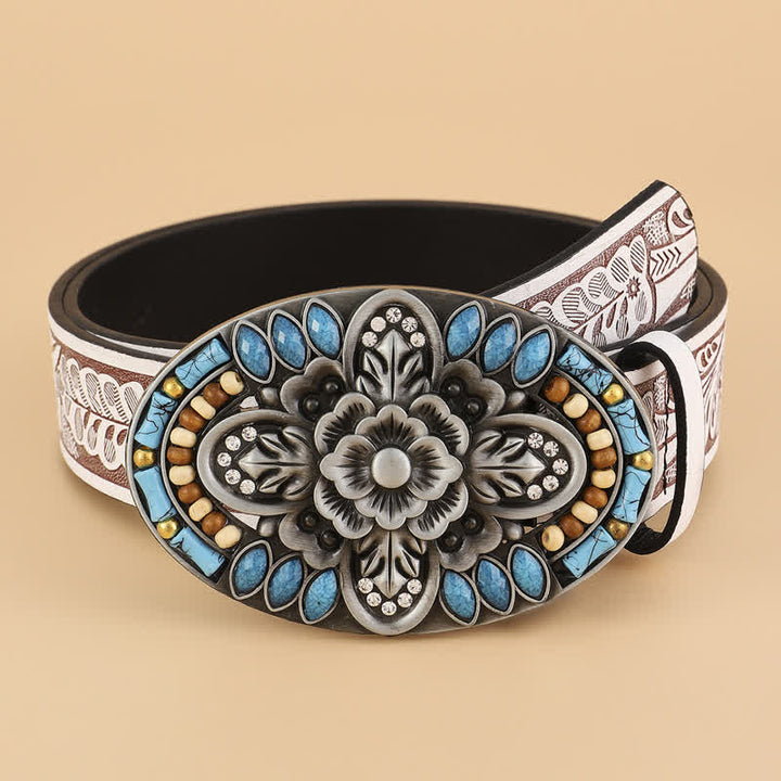 Women's Turquoise Stone Boho Floral Leather Belt - Flower - 34 - image 0