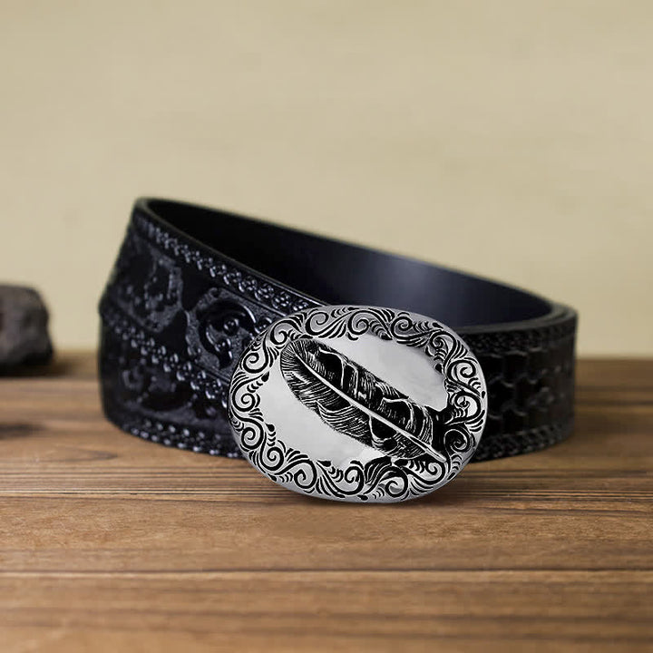 Men's DIY Charming Carved Feather Buckle Leather Belt - Feather - Black Carved Belt (40) - image 8