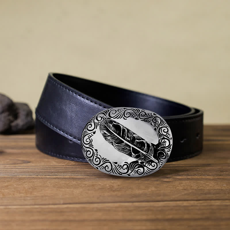 Men's DIY Charming Carved Feather Buckle Leather Belt - Feather - Black PU Belt (40) - image 2