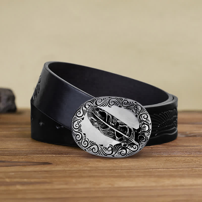 Men's DIY Charming Carved Feather Buckle Leather Belt - Feather - Black Embossed Eagle Belt (40) - image 4