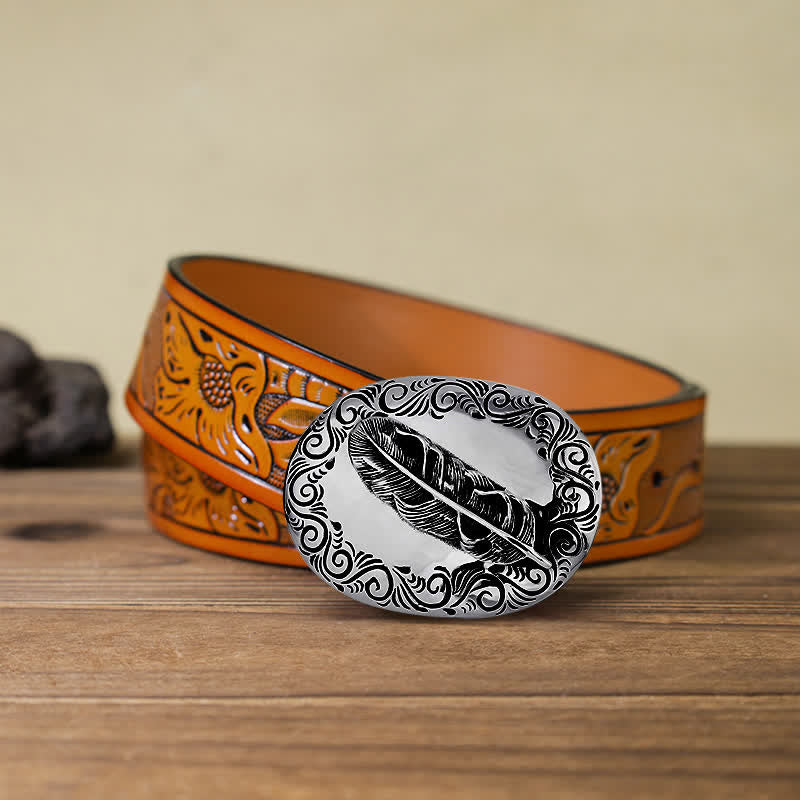 Men's DIY Charming Carved Feather Buckle Leather Belt - Feather - Orange Carved Belt (40) - image 14