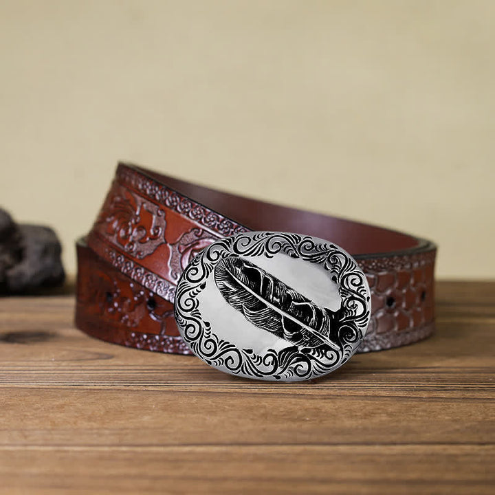 Men's DIY Charming Carved Feather Buckle Leather Belt - Feather - Brown Carved Belt (40) - image 10