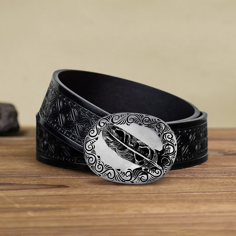 Men's DIY Charming Carved Feather Buckle Leather Belt - Feather - Black Embossed Weave Belt (40) - image 6