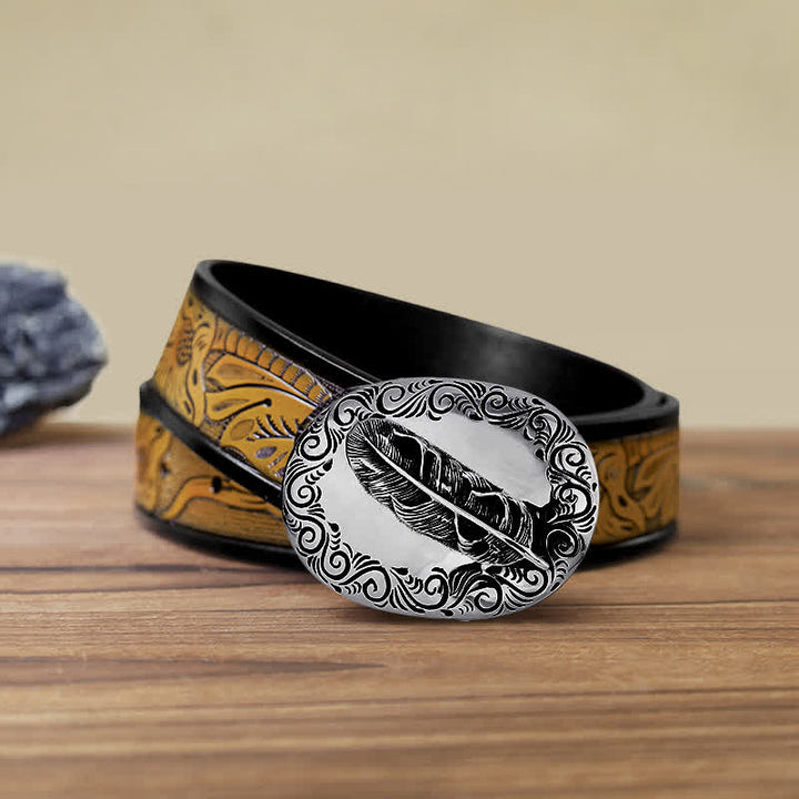 Men's DIY Charming Carved Feather Buckle Leather Belt - Feather - SandyBrown Belt (40) - image 12