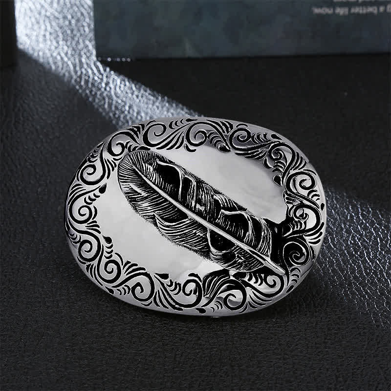 Men's DIY Charming Carved Feather Buckle Leather Belt - Feather - Without Belt - image 0