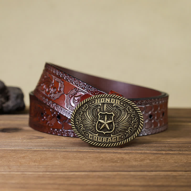 Men's DIY Honor Courage Eagle Wings Buckle Leather Belt - Antique Bronze - Brown Carved Belt (40) - image 13