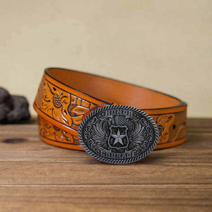 Men's DIY Honor Courage Eagle Wings Buckle Leather Belt - Antique Silver - Orange Carved Belt (40) - image 18