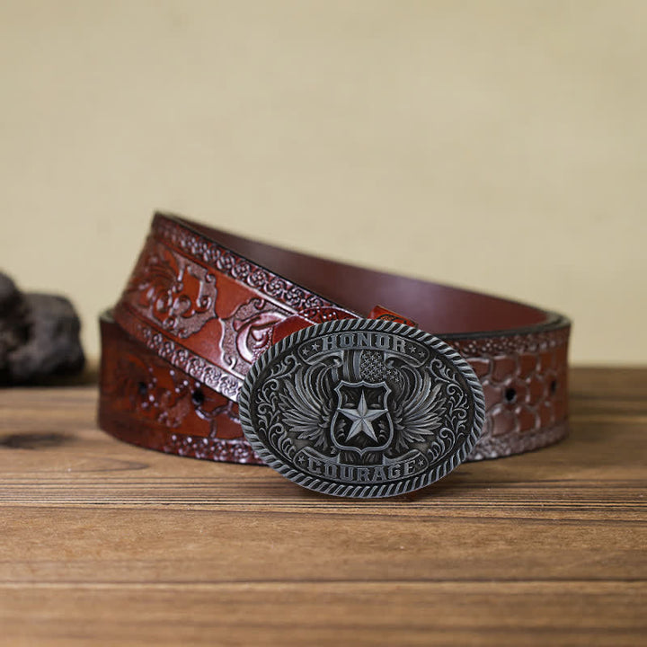 Men's DIY Honor Courage Eagle Wings Buckle Leather Belt - Antique Silver - Brown Carved Belt (40) - image 14