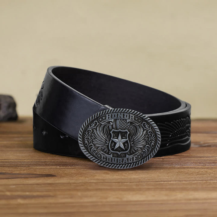 Men's DIY Honor Courage Eagle Wings Buckle Leather Belt - Antique Silver - Black Embossed Eagle Belt (40) - image 8
