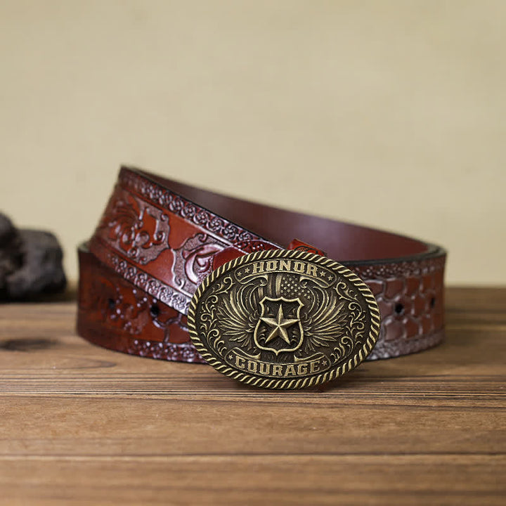 Men's DIY Honor Courage Eagle Wings Buckle Leather Belt - Antique Bronze - Brown Carved Belt (40) - image 13