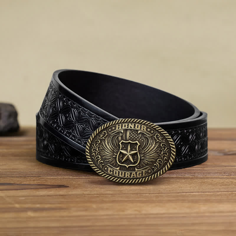Men's DIY Honor Courage Eagle Wings Buckle Leather Belt - Antique Bronze - Black Embossed Weave Belt (40) - image 9