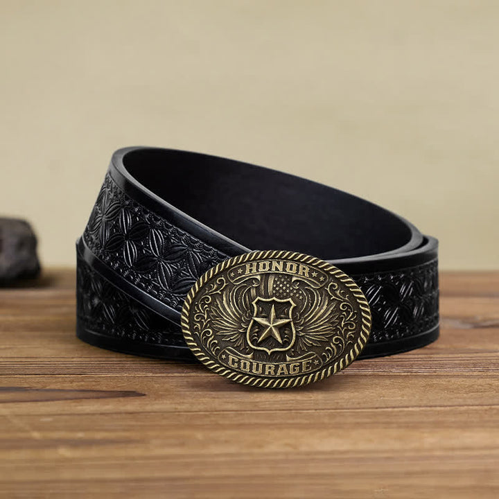 Men's DIY Honor Courage Eagle Wings Buckle Leather Belt - Antique Bronze - Black Embossed Weave Belt (40) - image 9