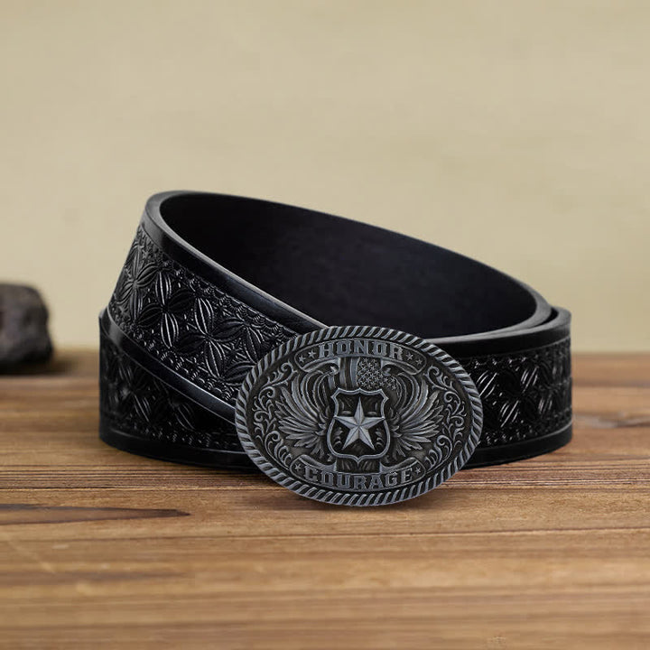 Men's DIY Honor Courage Eagle Wings Buckle Leather Belt - Antique Silver - Black Embossed Weave Belt (40) - image 10