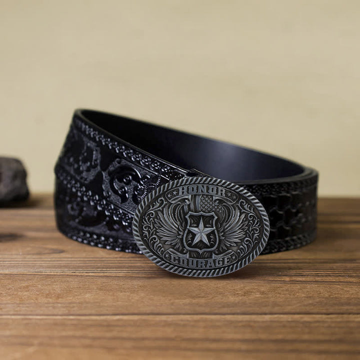 Men's DIY Honor Courage Eagle Wings Buckle Leather Belt - Antique Silver - Black Carved Belt (40) - image 12