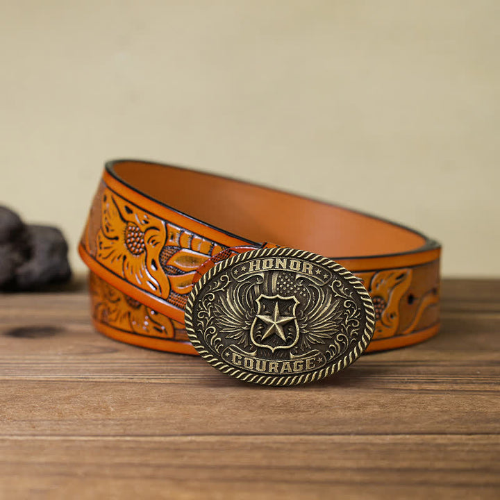 Men's DIY Honor Courage Eagle Wings Buckle Leather Belt - Antique Bronze - Orange Carved Belt (40) - image 17