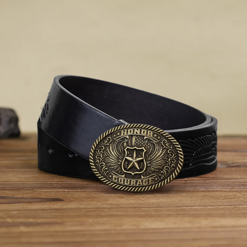 Men's DIY Honor Courage Eagle Wings Buckle Leather Belt - Antique Bronze - Black Embossed Eagle Belt (40) - image 7
