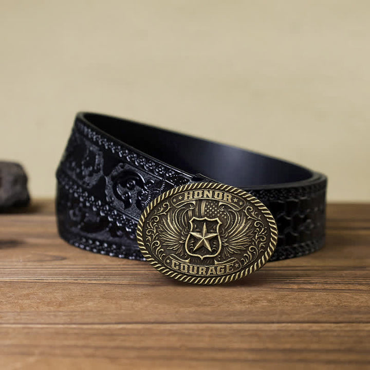 Men's DIY Honor Courage Eagle Wings Buckle Leather Belt - Antique Bronze - Black Carved Belt (40) - image 11