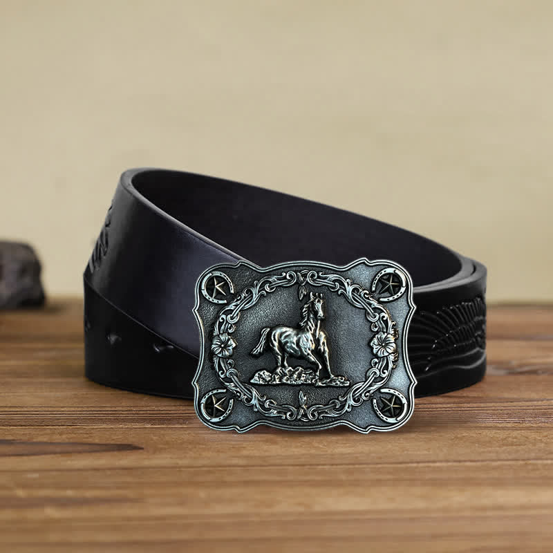 Men's DIY Wild Running Horse Buckle Leather Belt - Antique Silver - Black Embossed Eagle Belt (40) - image 6